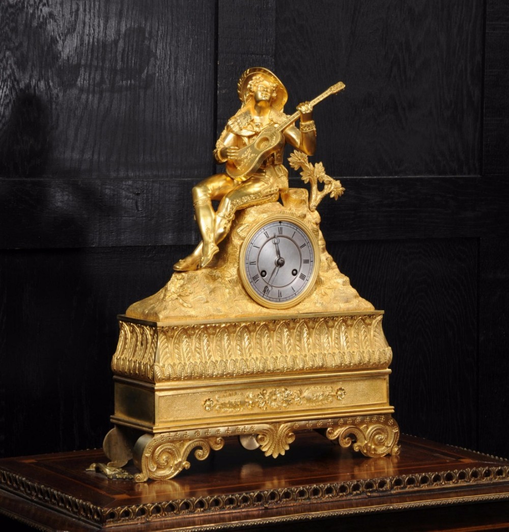 Early Ormolu Clock ~ Cavalier Playing a Guitar