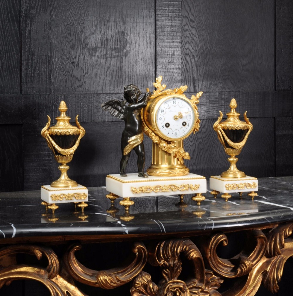 Antique French Bronze, Ormolu and Marble Boudoir Clock Set