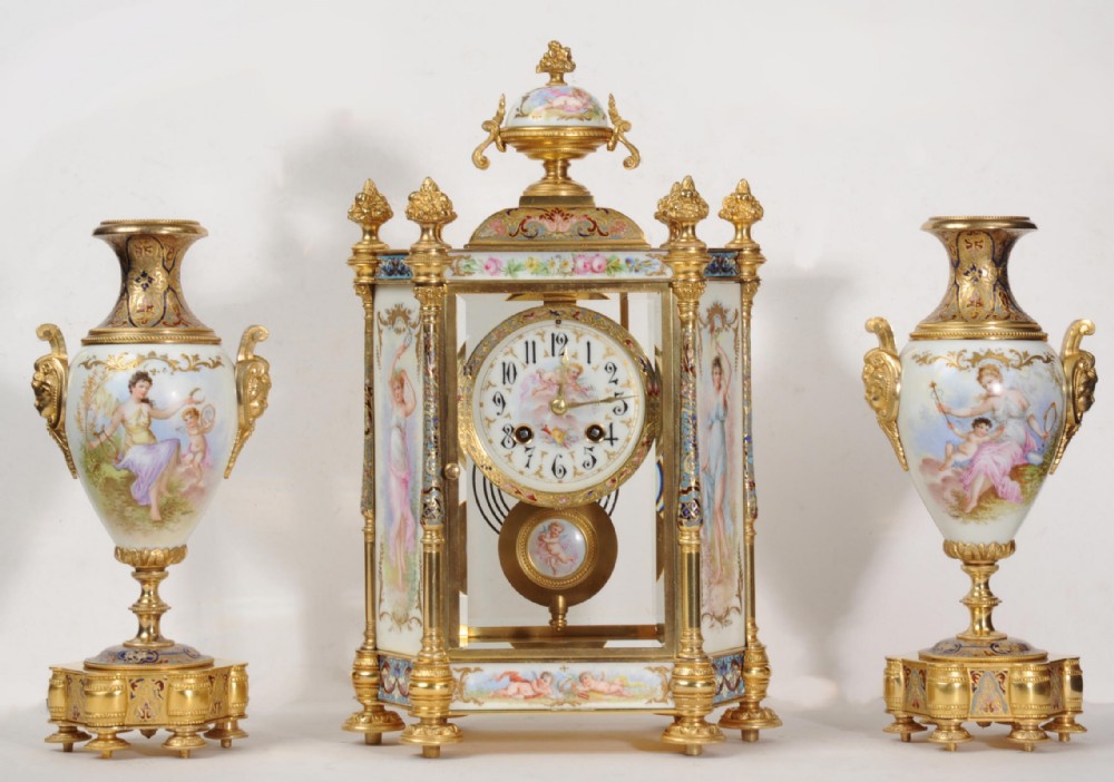 Sèvres Porcelain and Champlevé Enamel Clock Set