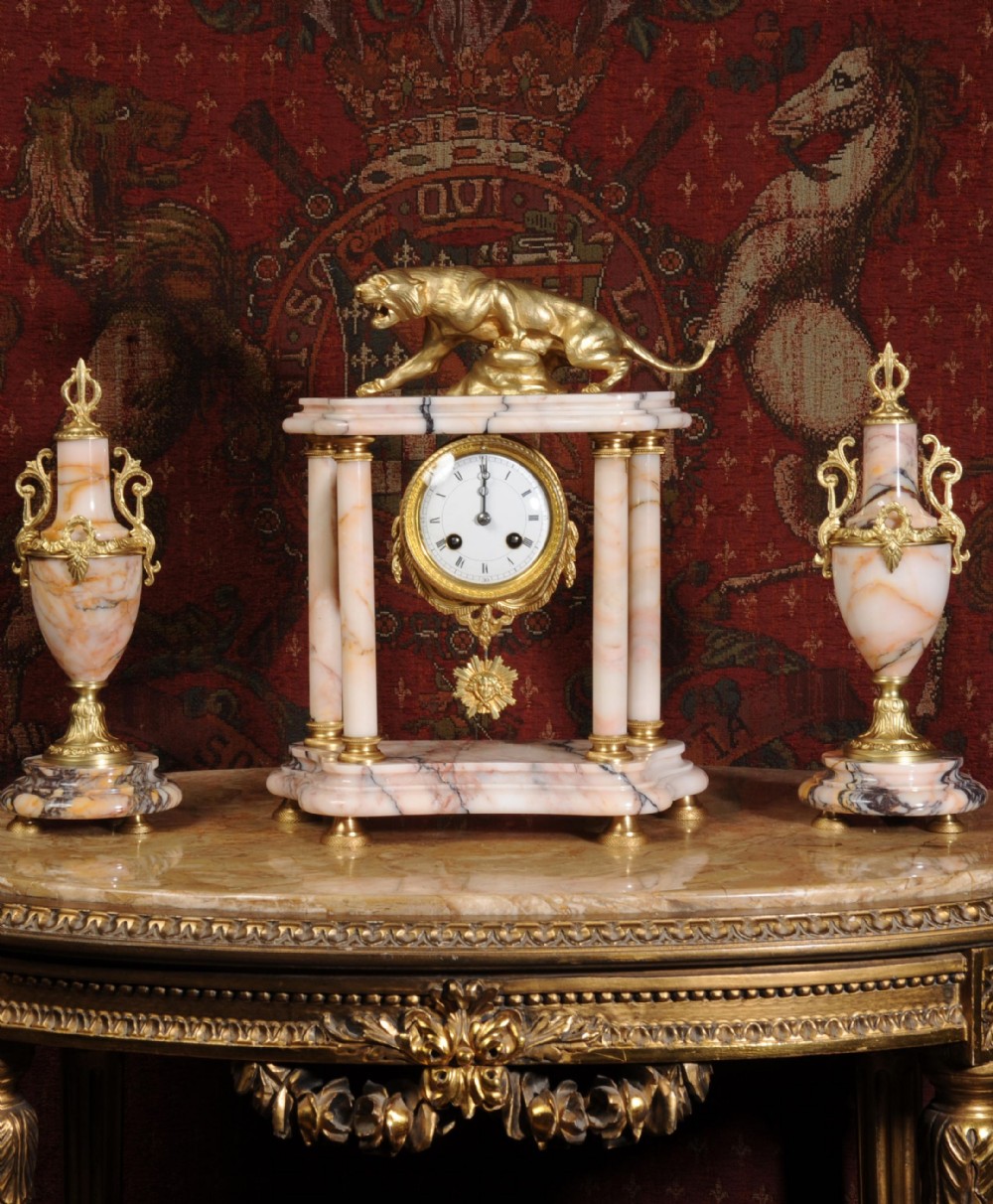 Specimen Marble and Ormolu Clock Set ~ Lionne En Furie after T. F Cartier