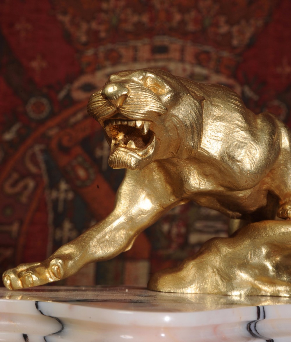 Specimen Marble and Ormolu Clock Set ~ Lionne En Furie after T. F Cartier View IX