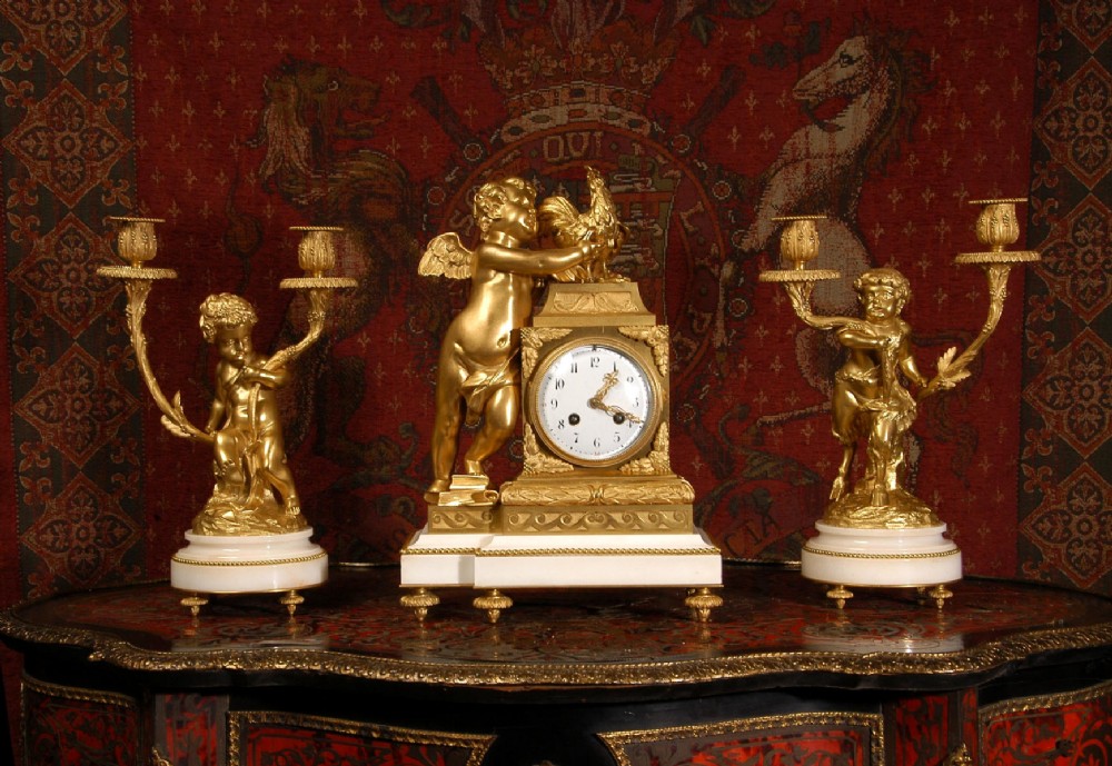 Fine Ormolu and White Marble Clock Set by Vincenti