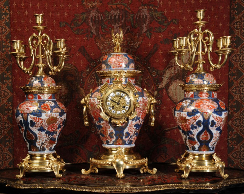 Rare Bronze Mounted Imari Porcelain Clock Set ~ Samuel Marti