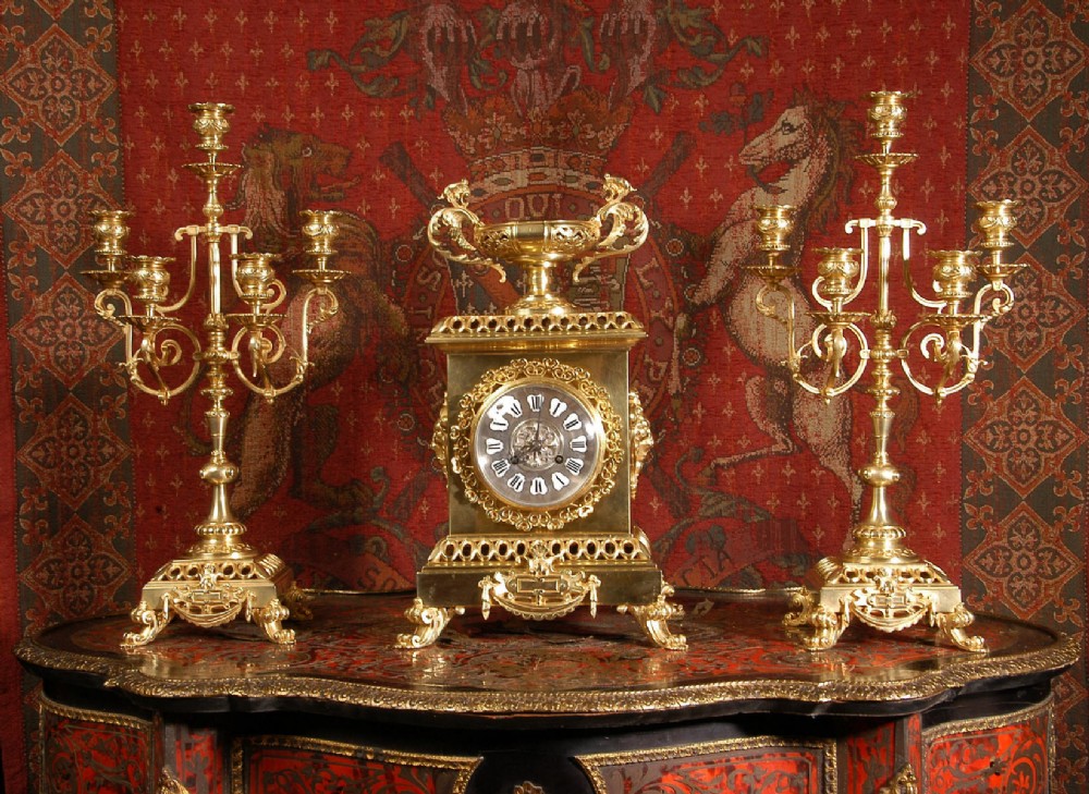 Classical Gilt Bronze Clock Set by  Compagnie Des Bronzes