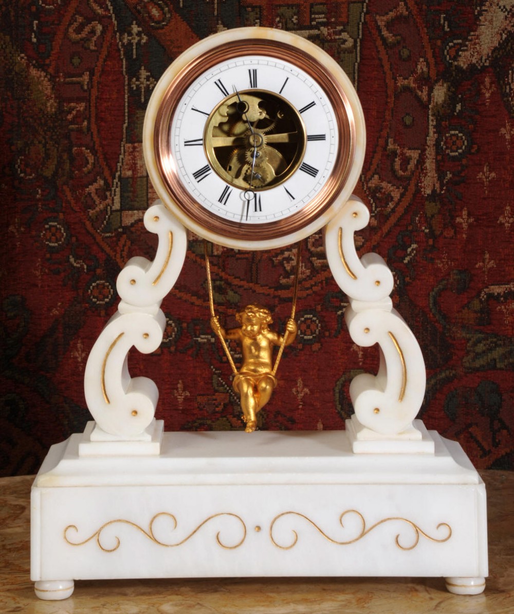 Eugéne Farcot Rare Large Marble Cherub On A Swing Boudoir Clock