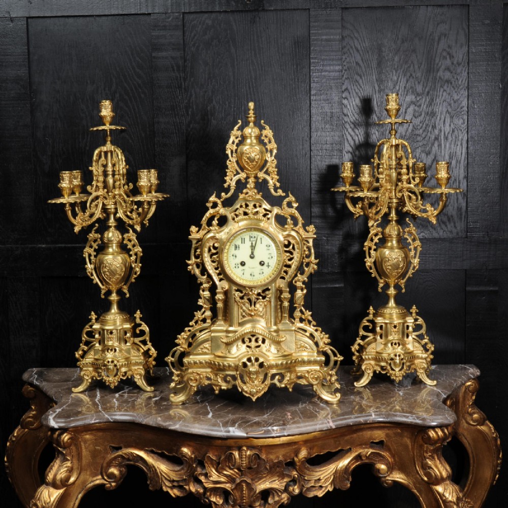 Large Antique French Gilt Bronze Clock Set by Louis Japy