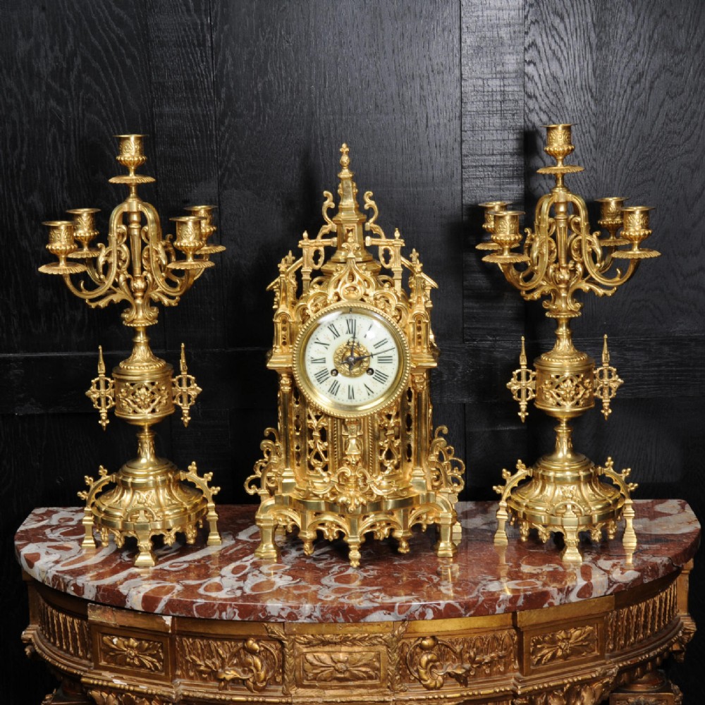 Japy Freres Gilt Bronze Gothic Clock Set