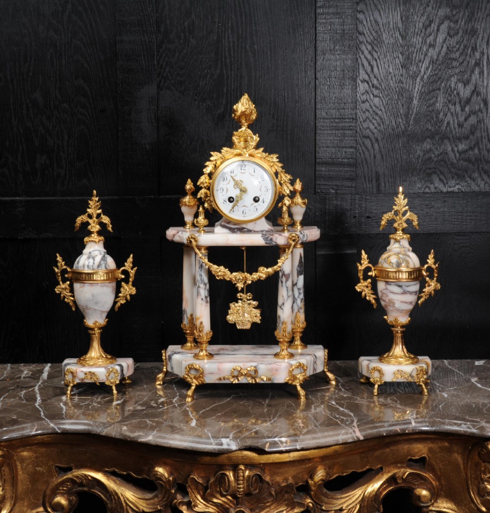 Stunning Marble and Ormolu Portico Clock Set by Samuel Marti
