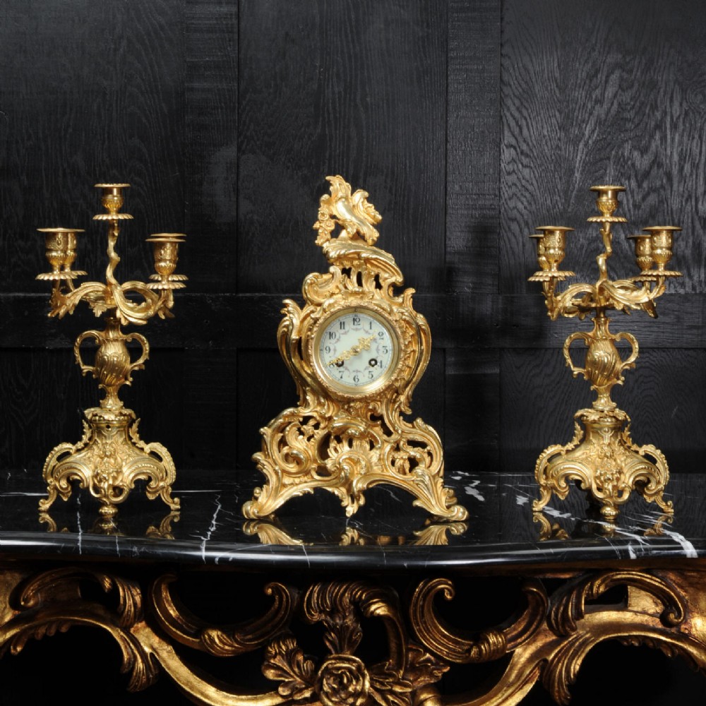 Rococo Antique French Gilt Bronze Clock Set by Samuel Marti