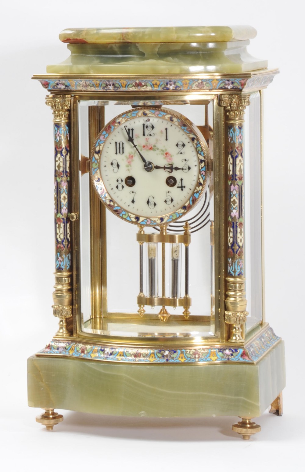Bow Front Champlevé Enamel, Ormolu and Onyx Four Glass Library Regulator by Samuel Marti