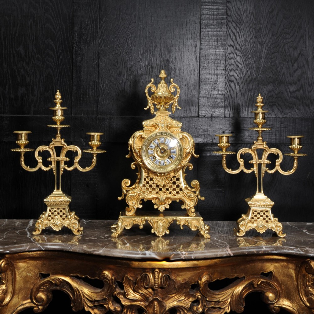 Antique French Gilt Bronze Rococo Clock Set