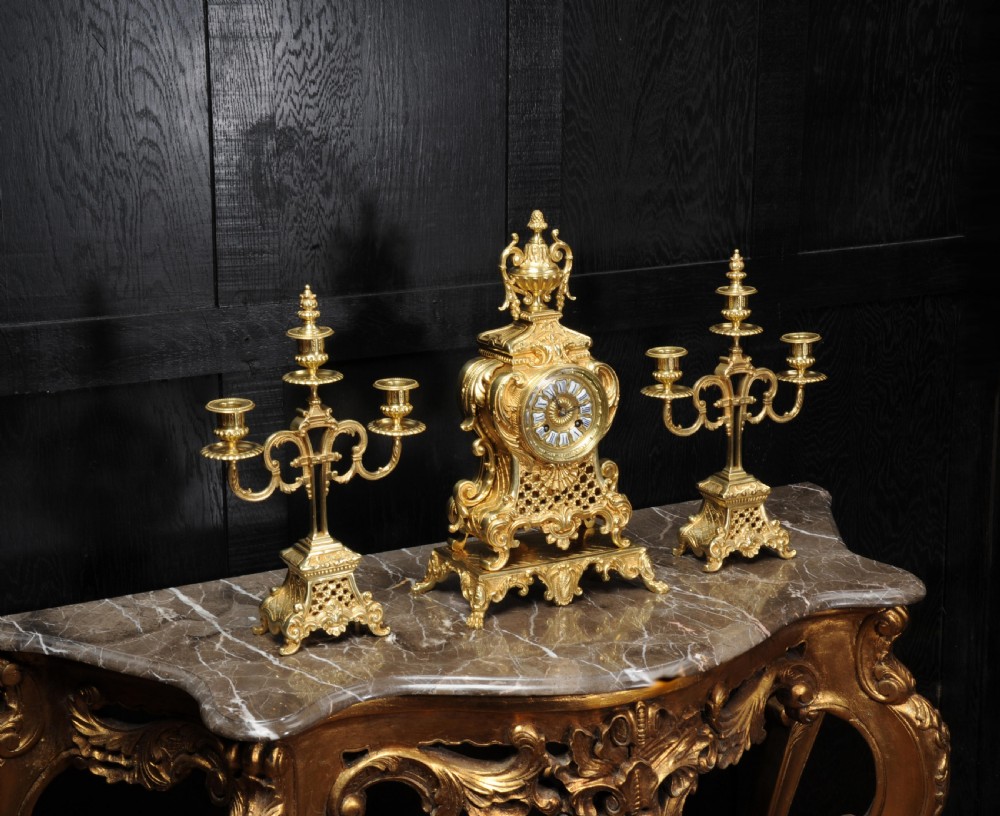 Antique French Gilt Bronze Rococo Clock Set View III