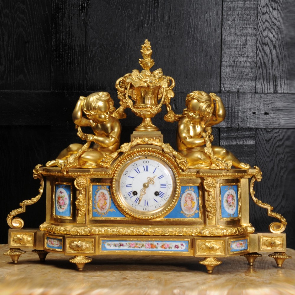 Large Ormolu and Sevres Porcelain Antique Frrench Clock ~ Cherubs Wine Grapes