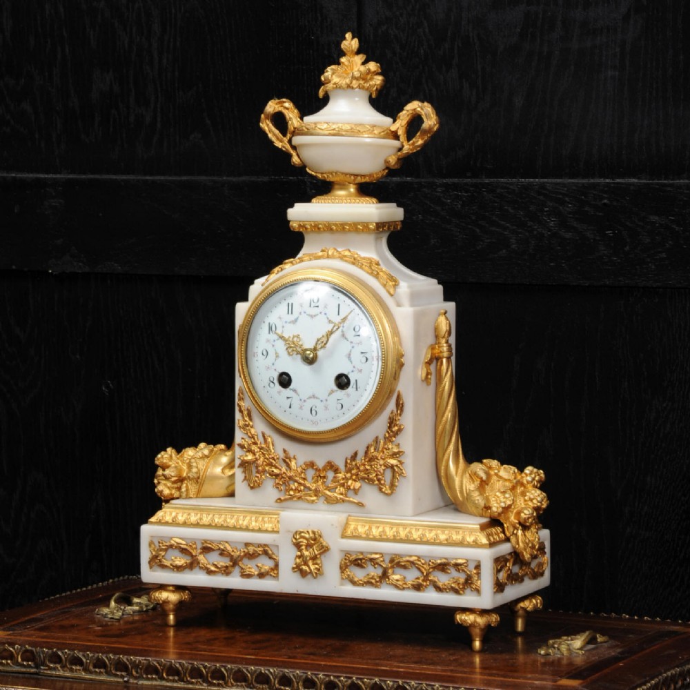 Antique French White Marble and Ormolu Boudoir Clock