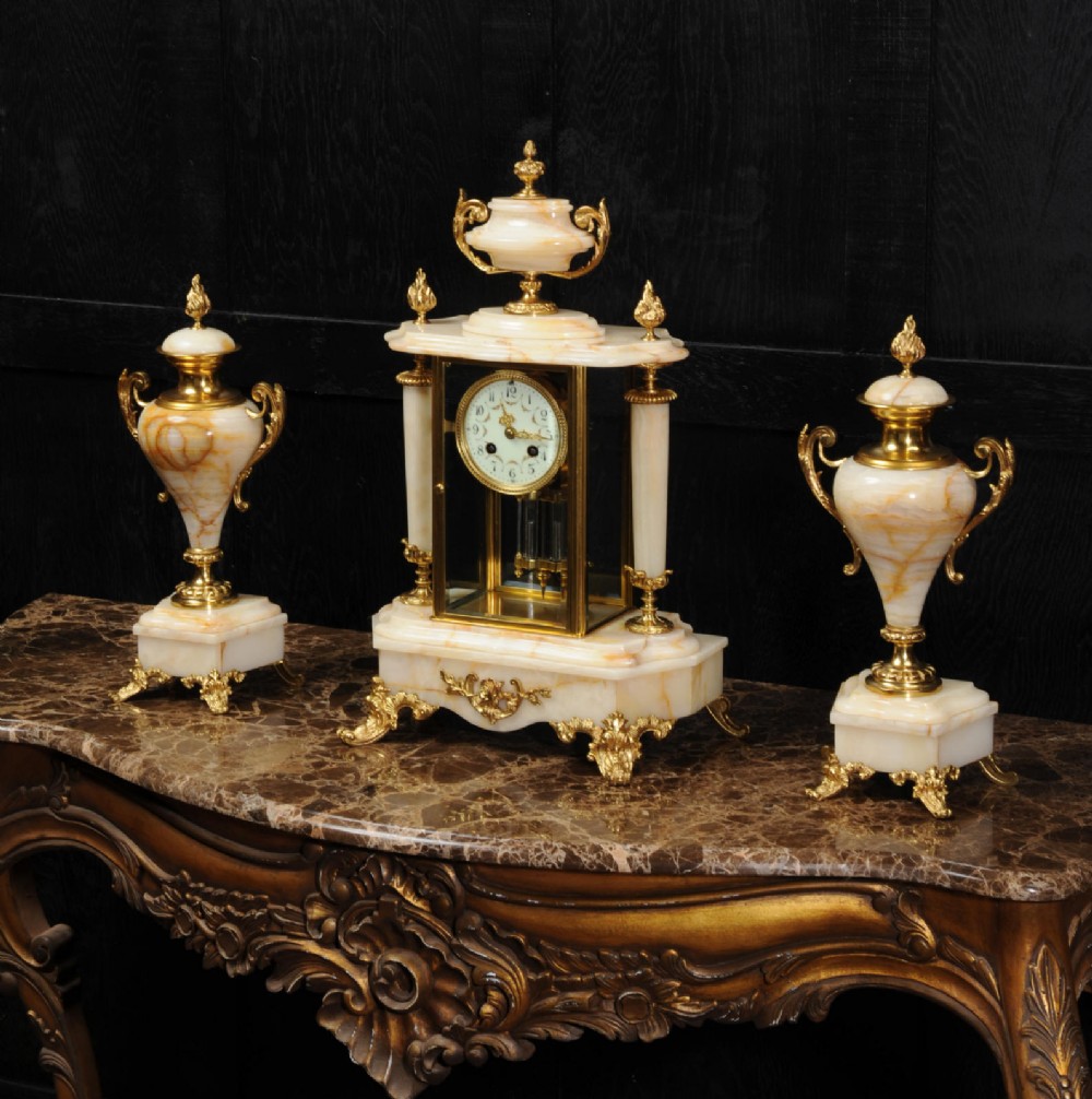 Antique French Four Glass Crystal Regulator Clock Set in Onyx and Ormolu