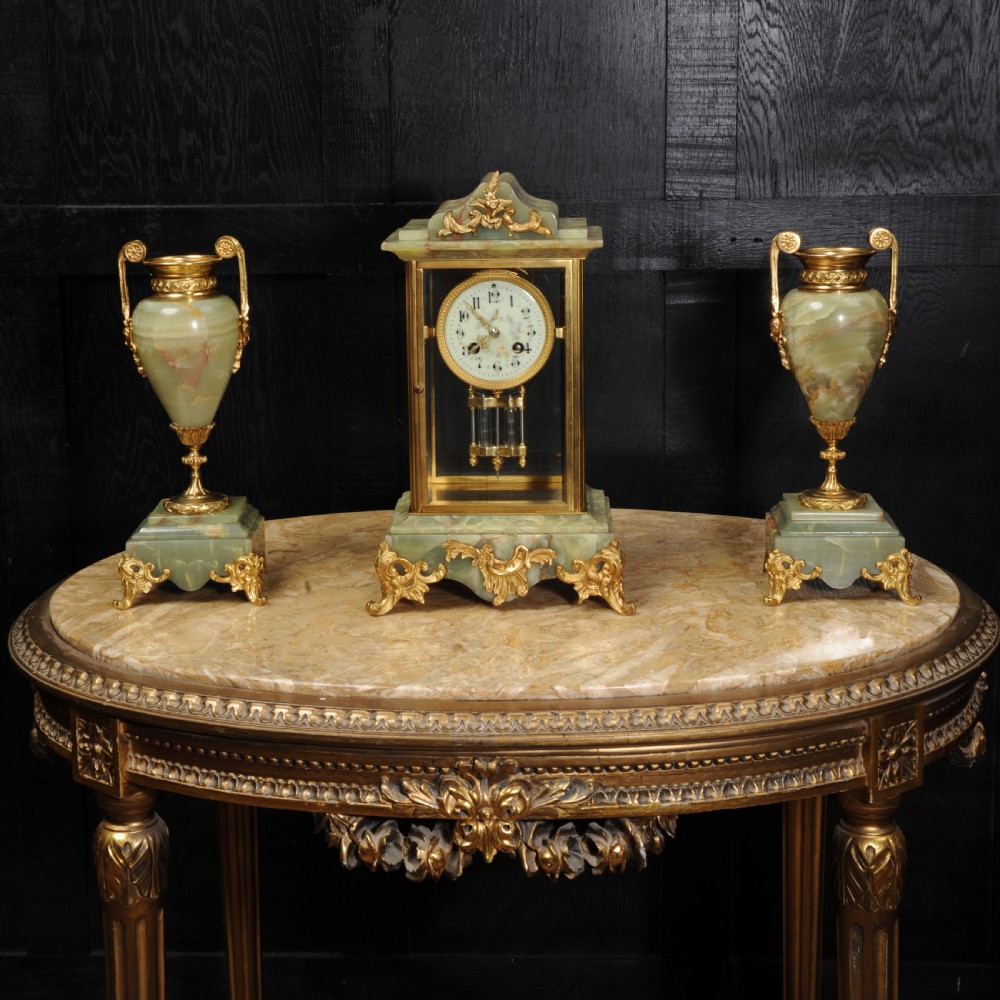 Antique French Four Glass Crystal Regulator Clock Set in Onyx and Ormolu