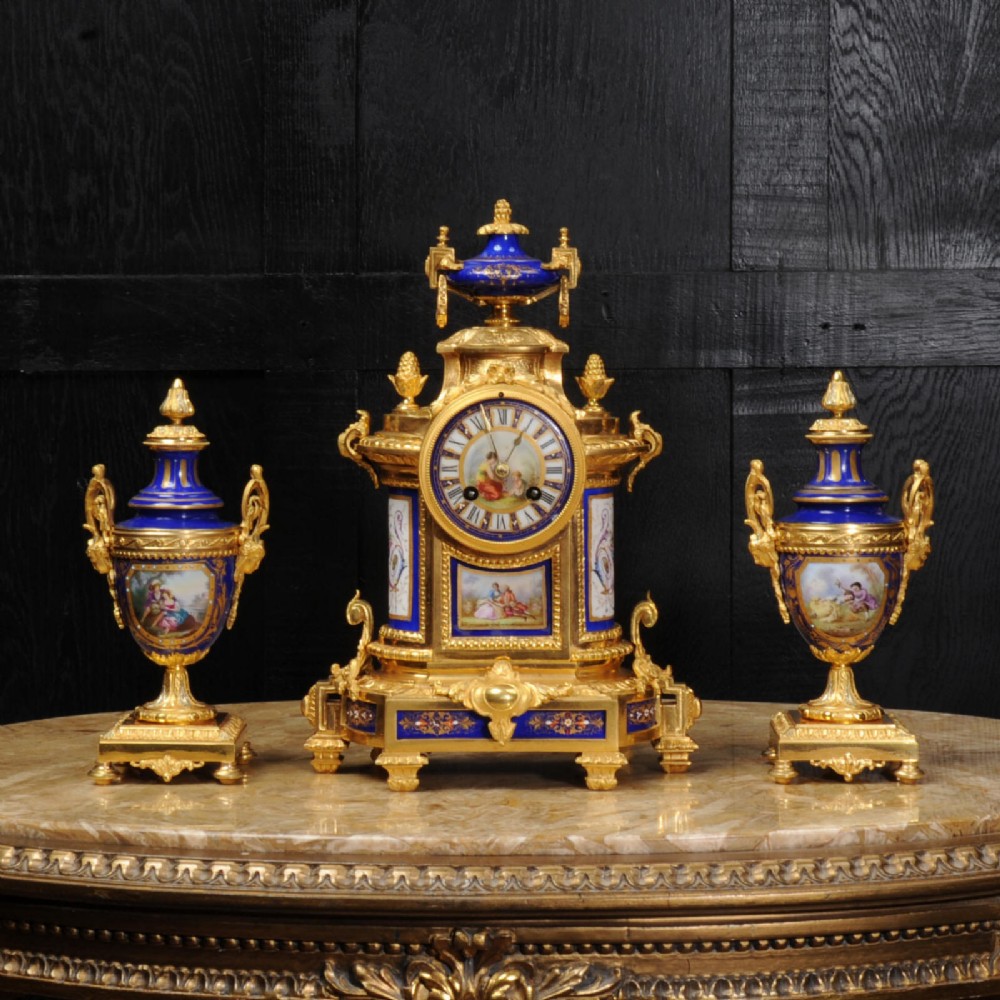 Japy Freres Ormolu and Sevres Porcelain Antique French Clock Set