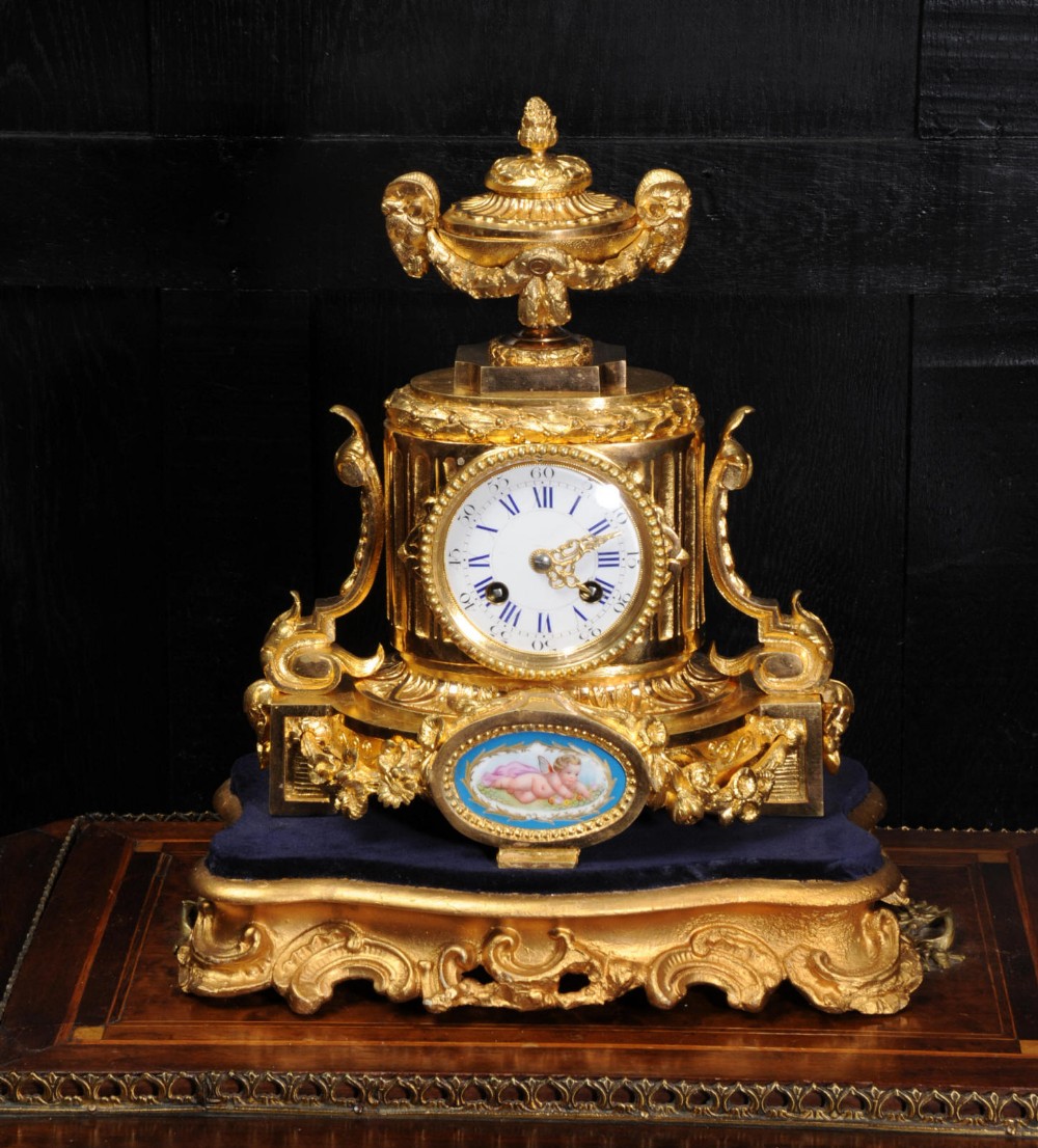 Antique French Ormolu and Sevres Porcelain Boudoir Clock