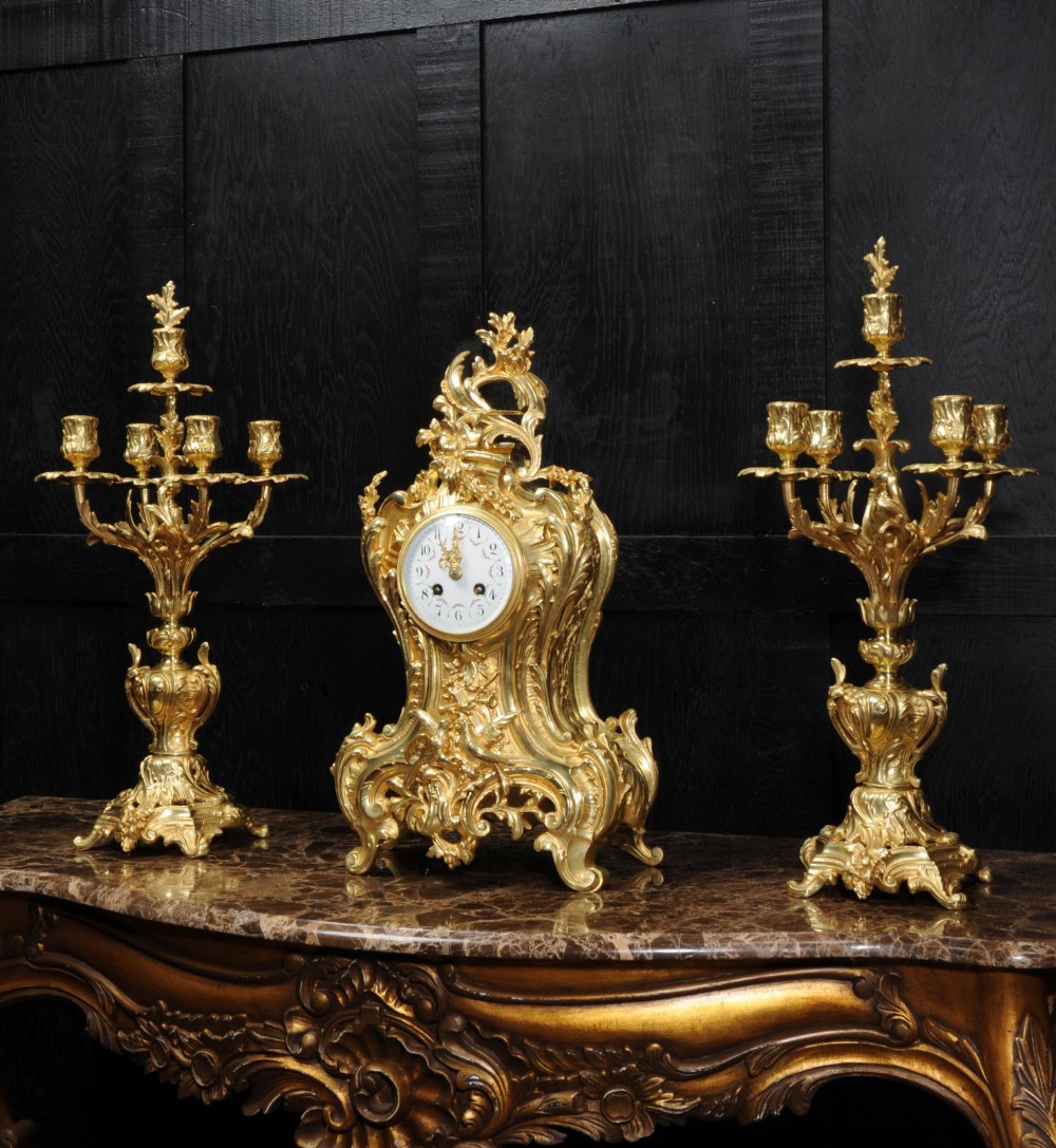 Japy Freres Large Rococo Gilt Bronze Clock Set