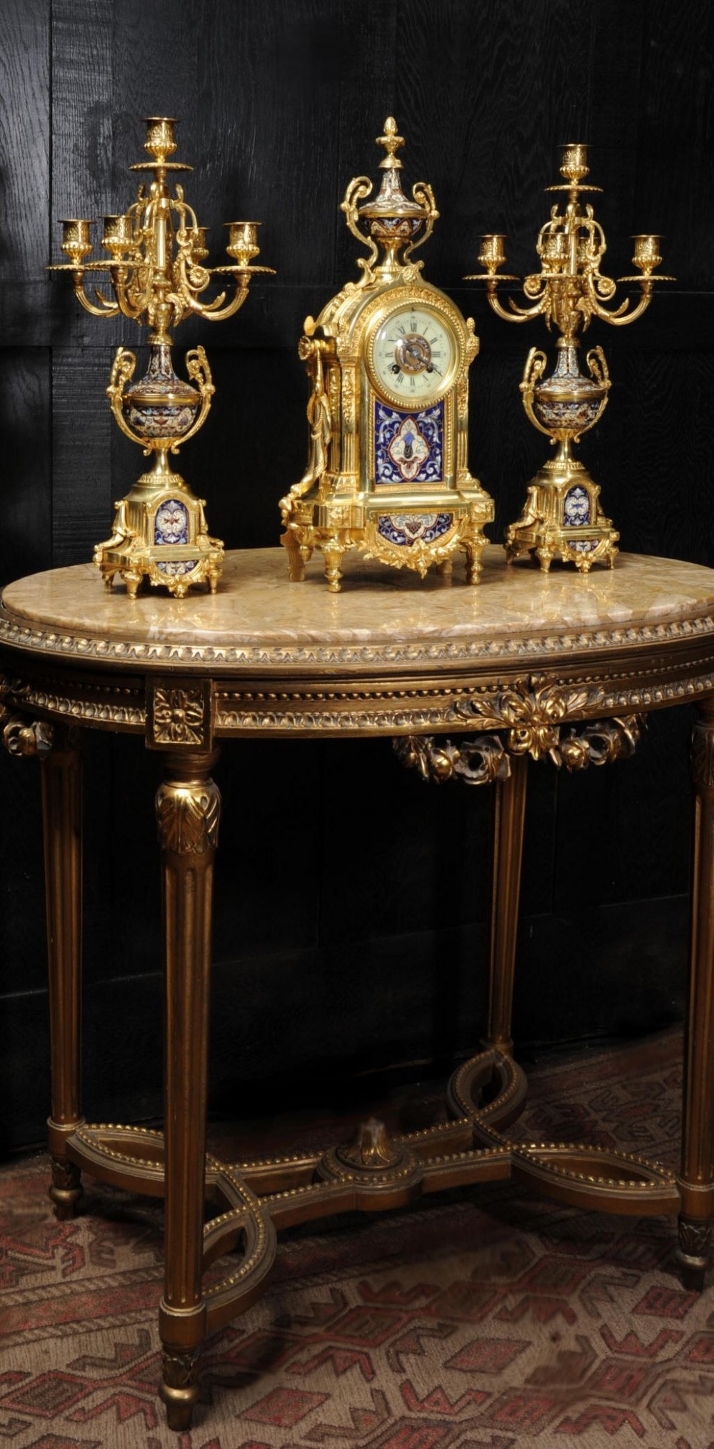 Cloisonné Enamel Mounted Ormolu Antique French Clock Set