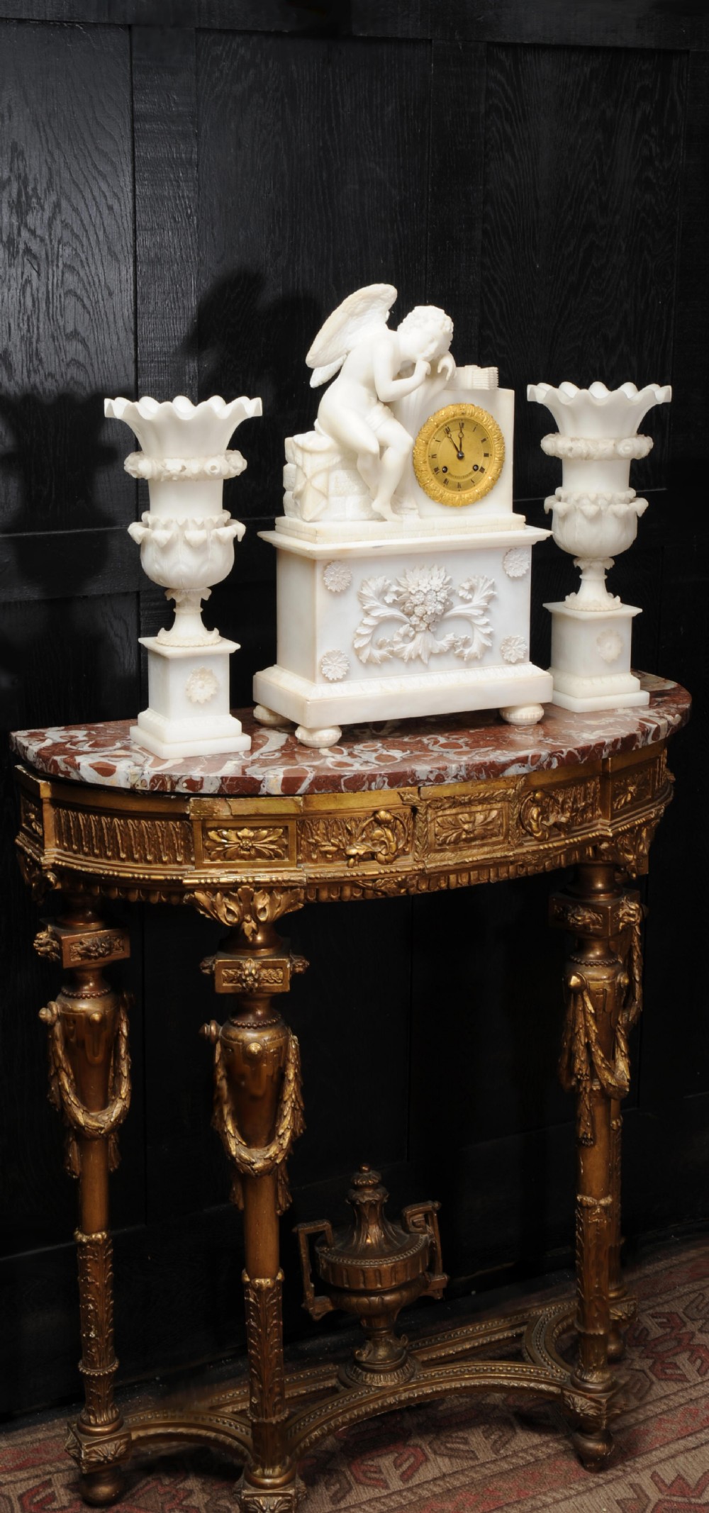 Early Antique French Alabaster Clock Set ~ Cupid after Etienne Maurice Falconet (1716-1791)