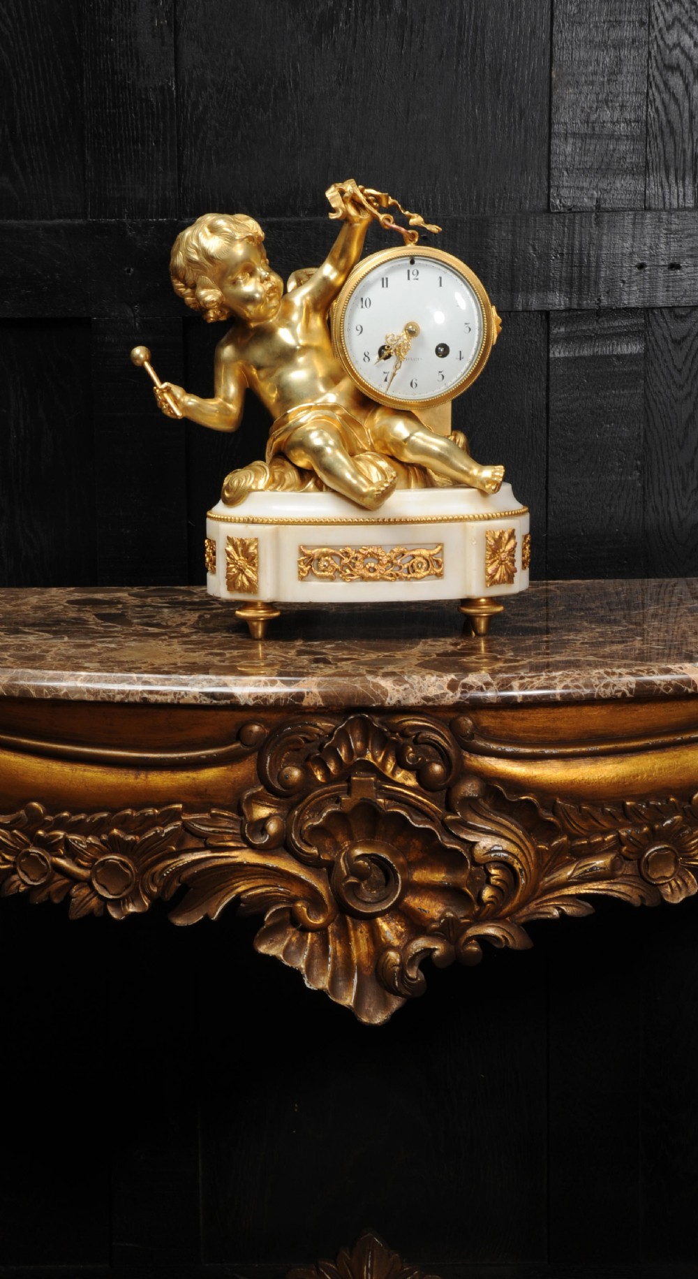 Ormolu and White Marble Clock ~ Putto Floating in Clouds Playing a Drum Antique French
