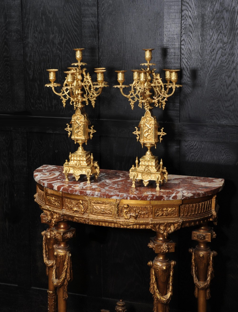 Antique French Gothic Candelabra Gilt Bronze, Lions Rampant View II