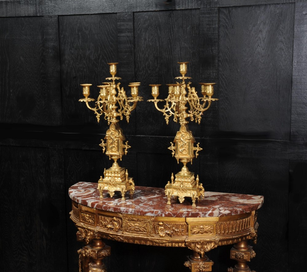 Antique French Gothic Candelabra Gilt Bronze, Lions Rampant View III