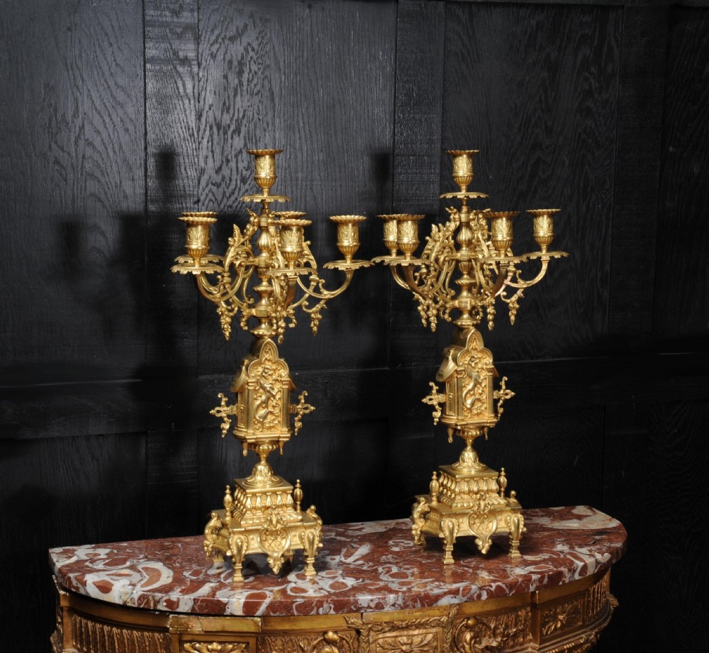 Antique French Gothic Candelabra Gilt Bronze, Lions Rampant View IV