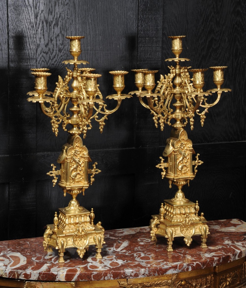 Antique French Gothic Candelabra Gilt Bronze, Lions Rampant View V