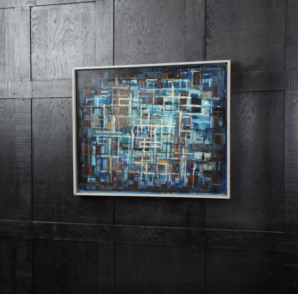 A framed mid-century abstract oil painting featuring a textured grid composition in shades of blue, white, and dark brown. View II