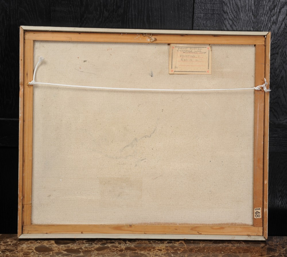 A framed mid-century abstract oil painting featuring a textured grid composition in shades of blue, white, and dark brown. View IV