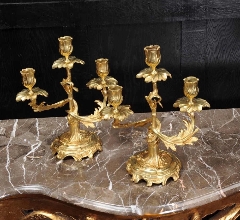 Antique French Rococo Pair of Gilt Bronze Candelabra