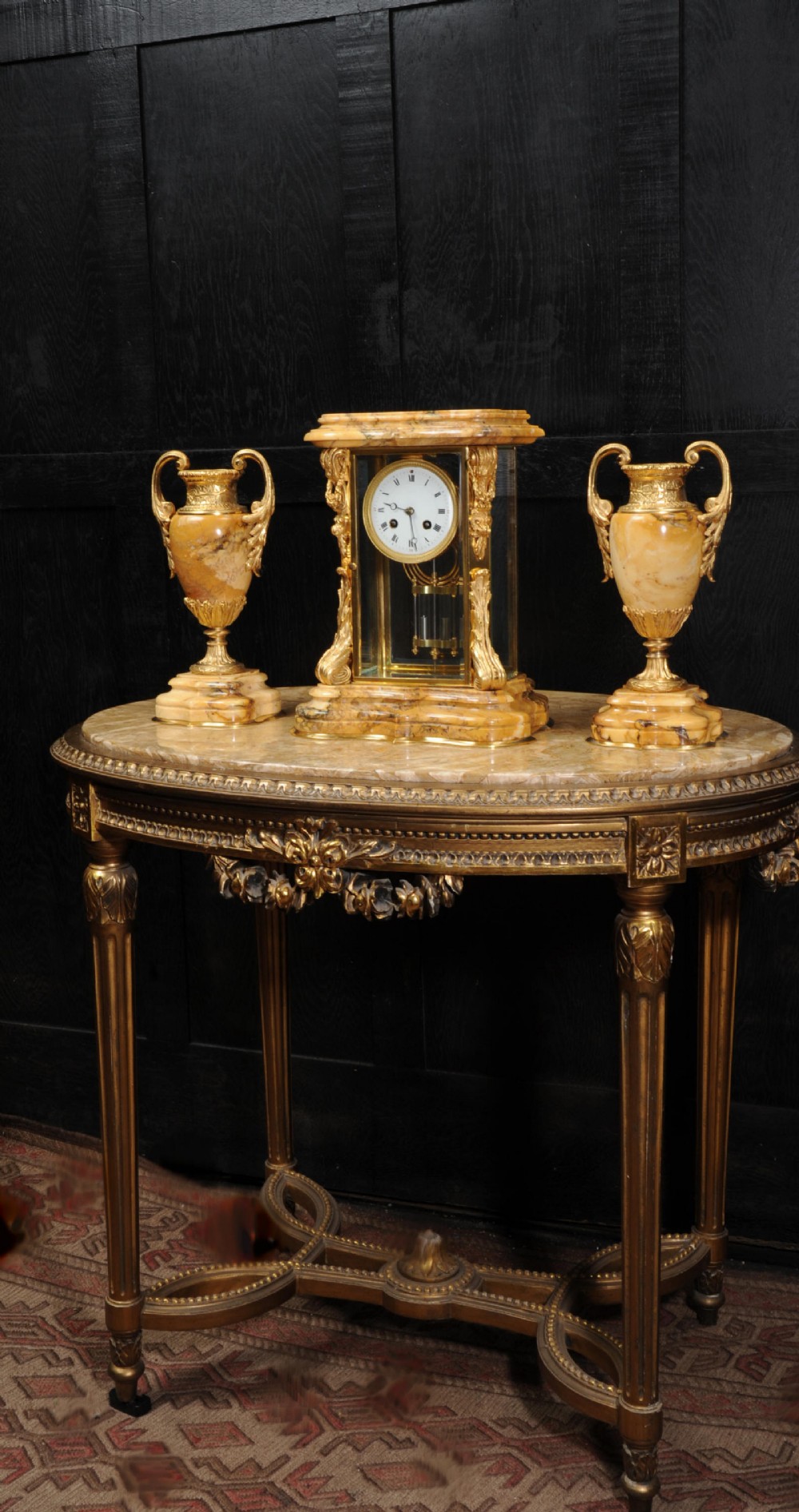 Japy Freres Sienna Marble and Ormolu Crystal Four Glass Clock Set Antique French