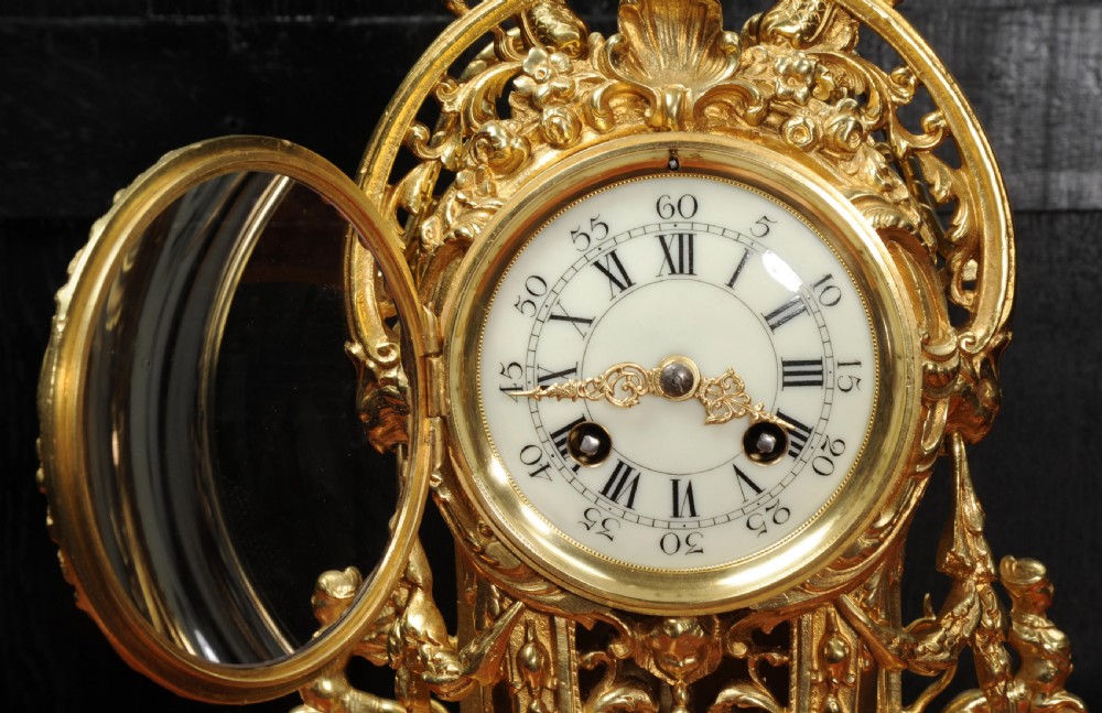 Antique French Gilt Bronze Baroque Boudoir Clock View XIV
