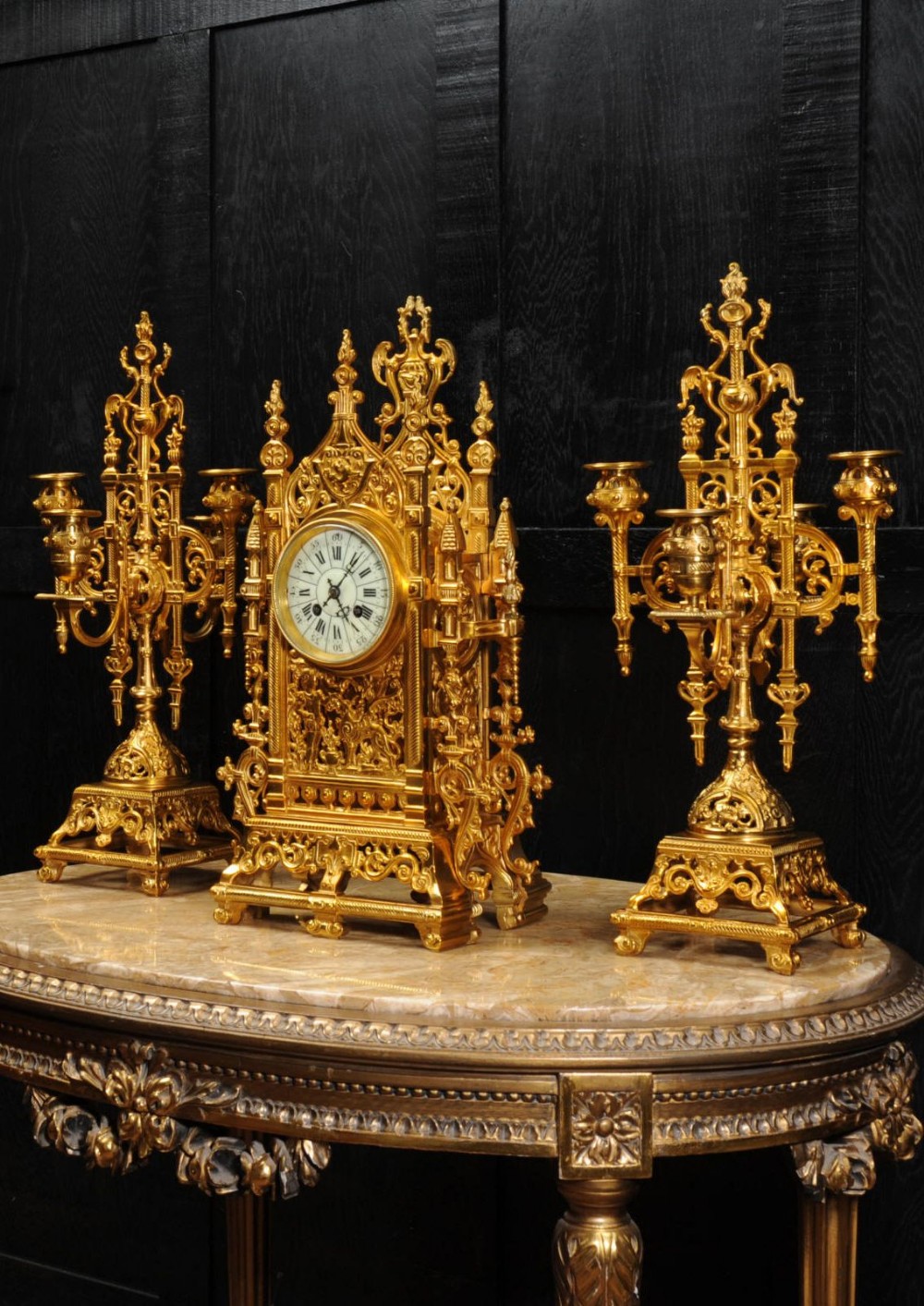 Japy Freres Antique French Gilt Bronze Gothic Clock Set