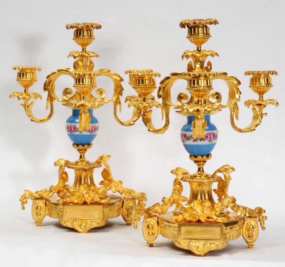 Antique French Gilt Bronze Ormolu and Sevres Porcelain Candelabra
