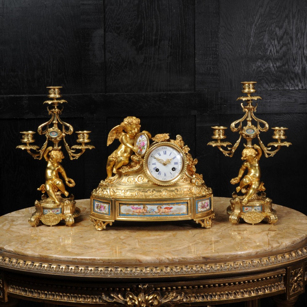 Japy Freres Early antique French Ormolu and Sevres Porcelain Clock Set