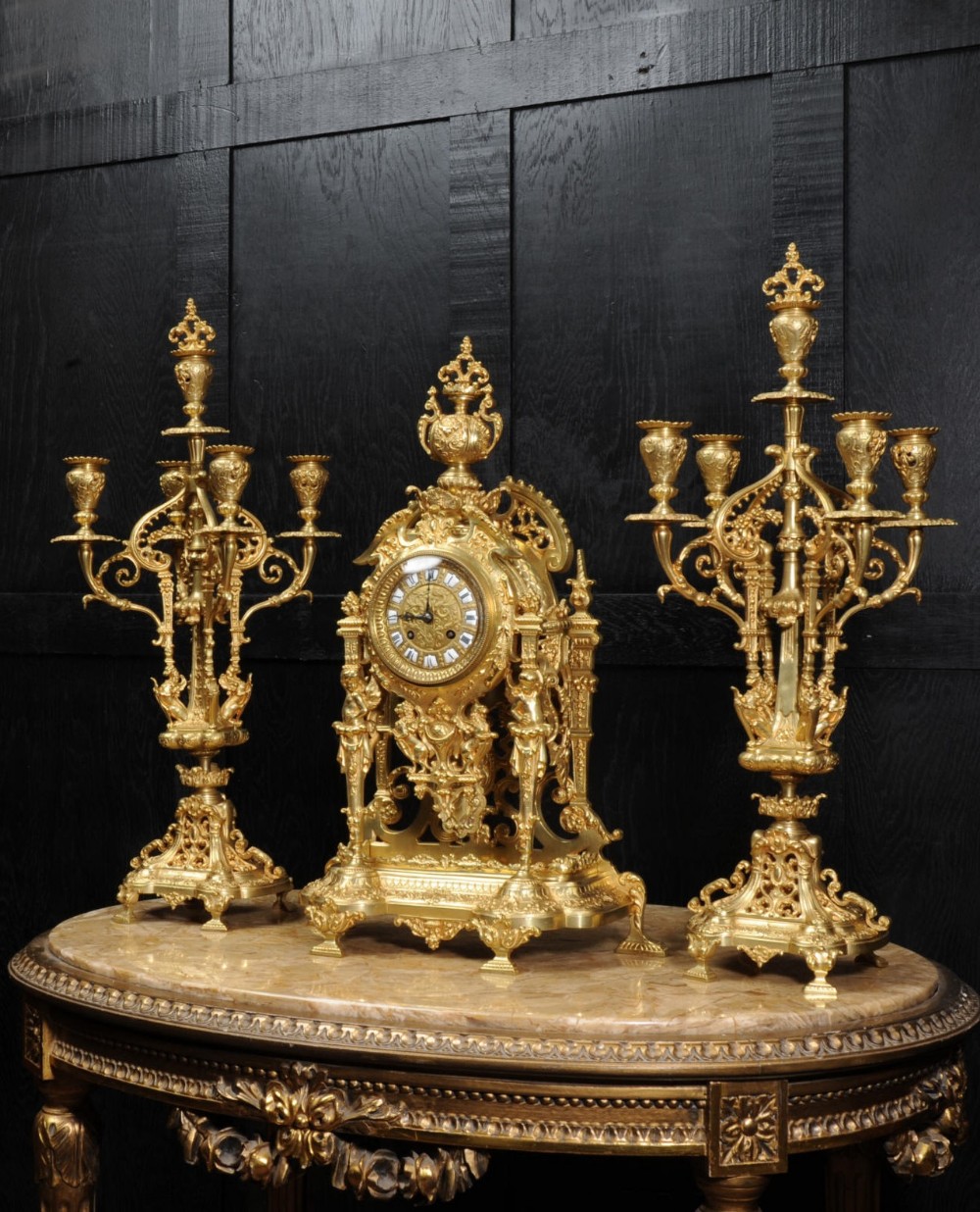 Large and Stunning Gilt Bronze Clock Set with Visible Pendulum