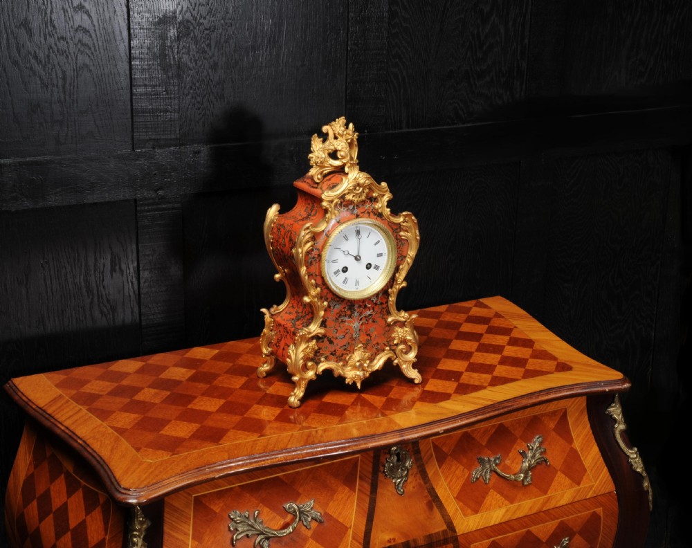 Antique French Rococo Red Lacquer and Gilt Clock View VI