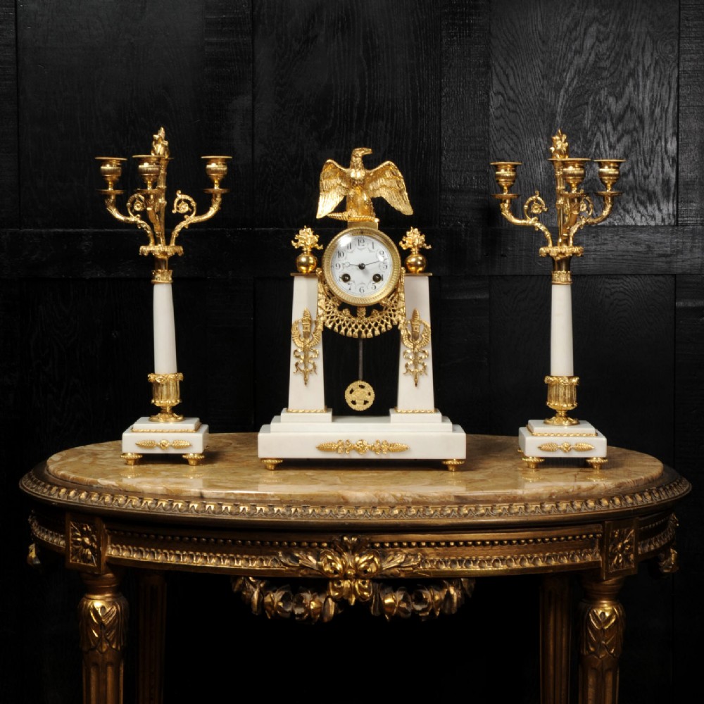 Antique French Empire Ormolu and Marble Portico Clock Set ~ Eagle