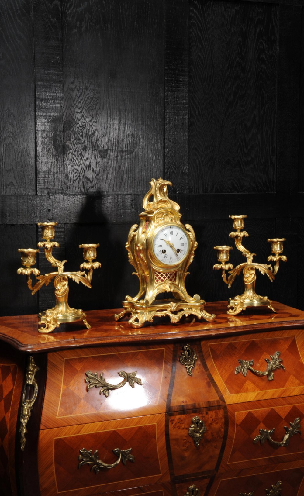 Antique French Louis XV Style Ormolu Rococo Clock Set