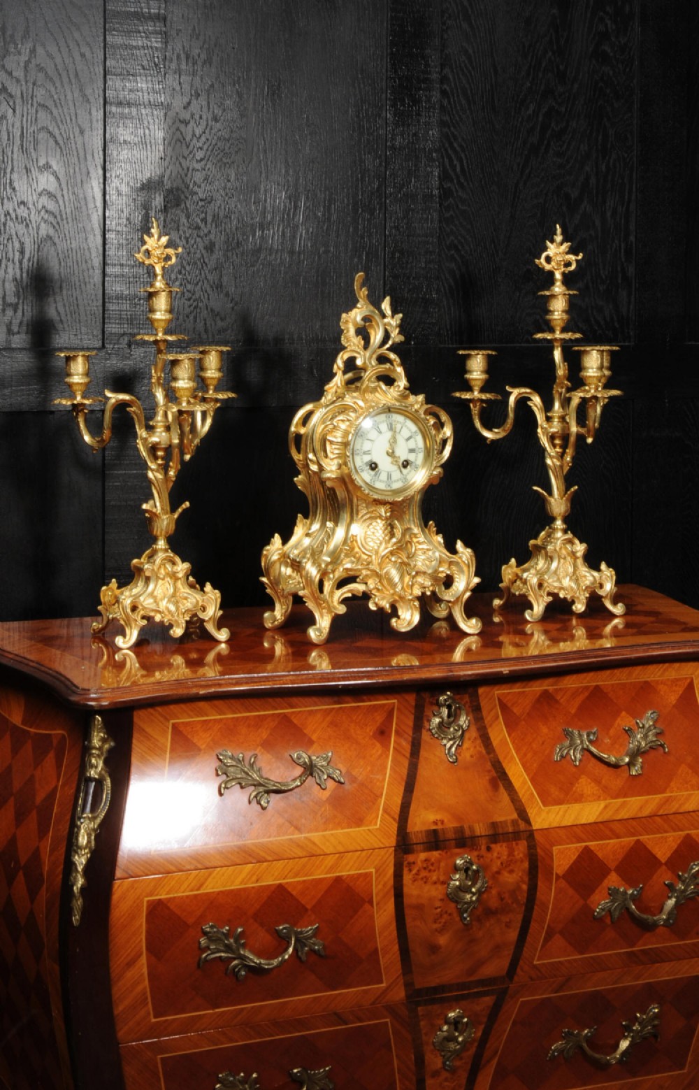 Antique French Rococo Gilt Bronze Clock Set by Verger Freres of Paris