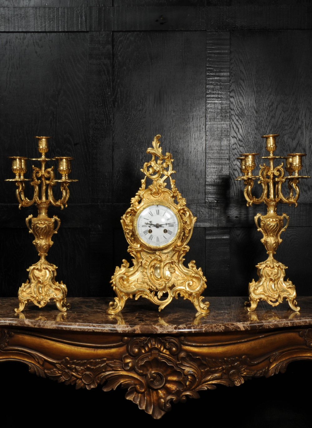Large Antique French Rococo Gilt Bronze Clock Set