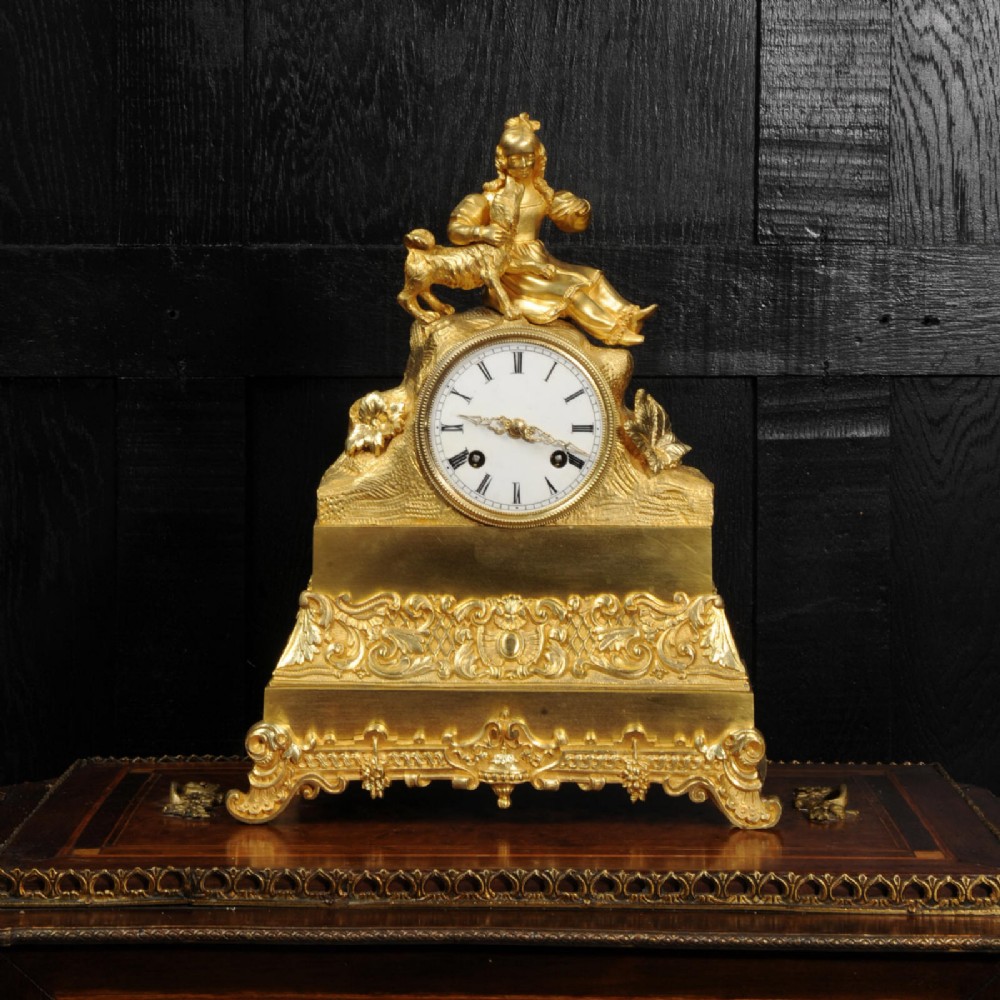 Early Japy Freres Ormolu Antique French Clock ~ A Girl with her Dog
