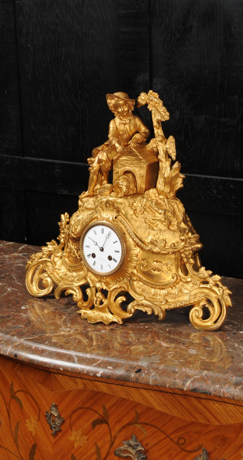 Early Gilt Bronze Antique French Clock Dog and Master