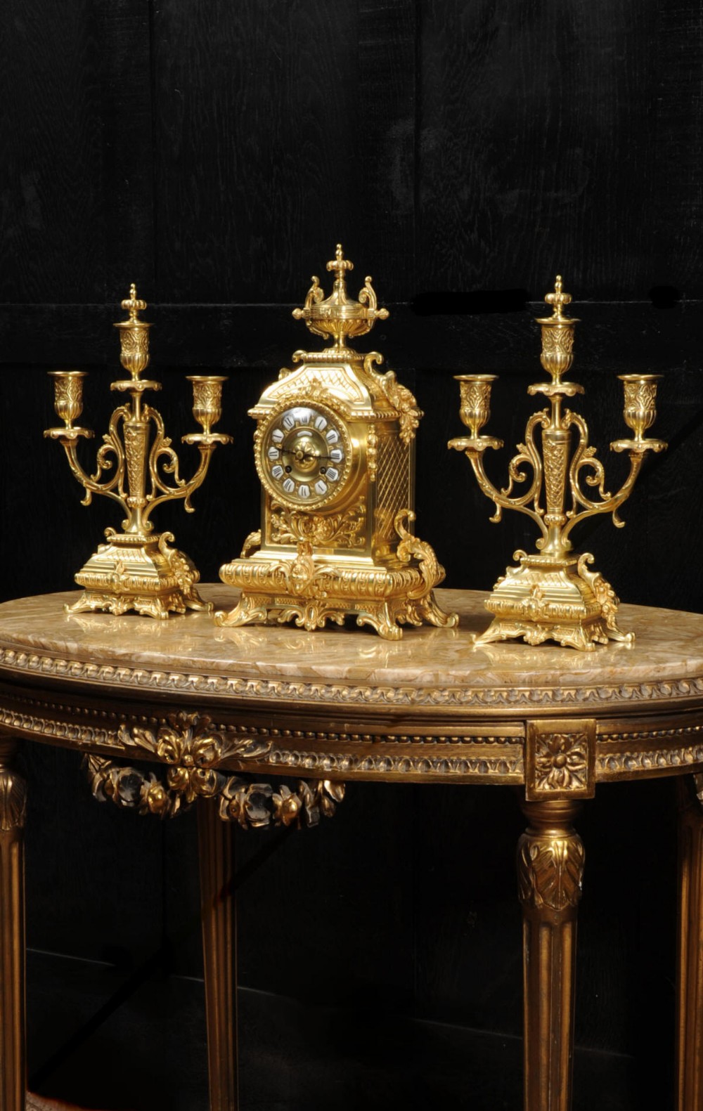 Japy Freres Gilt Bronze Baroque Antique Clock Set
