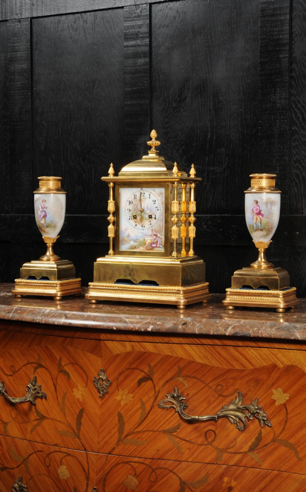 Japy Freres Porcelain and Ormolu Clock Set ~ Love