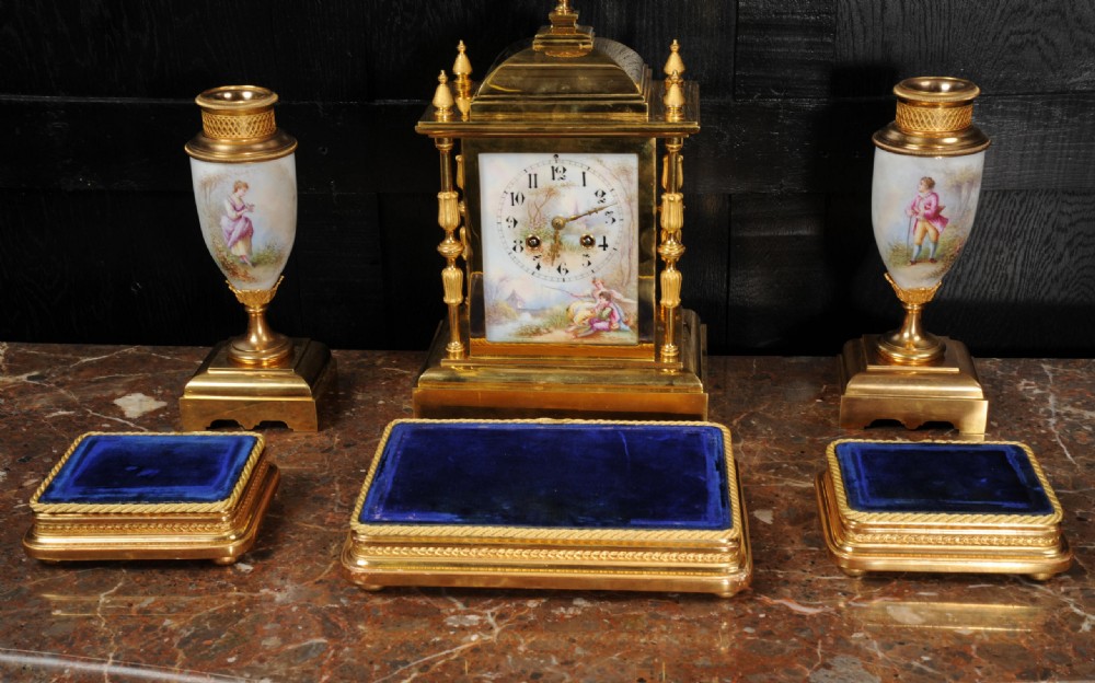 Japy Freres Porcelain and Ormolu Clock Set ~ Love View XVII
