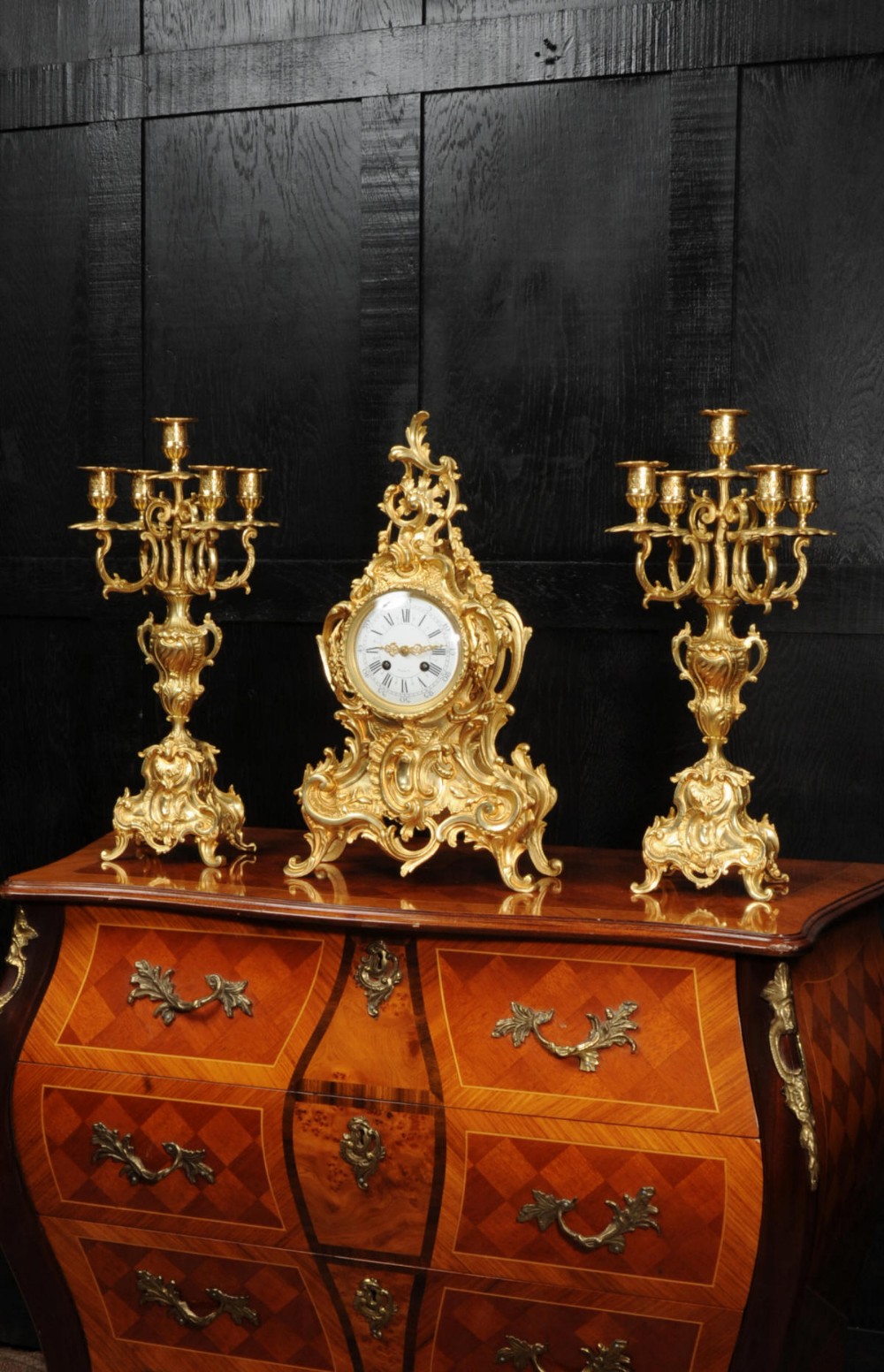 Large Antique French Rococo Gilt Bronze Clock Set